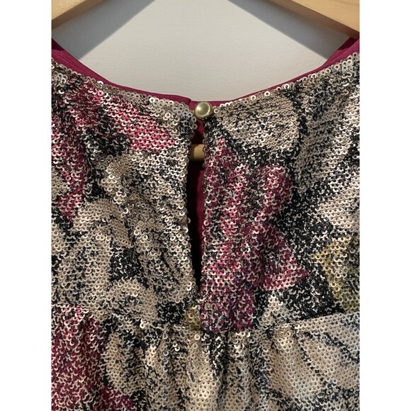 Anthropologie Pink and Gold Ruched Puff Sleeve Floral Sequined Top Sz‎ 0 - Picture 5 of 7